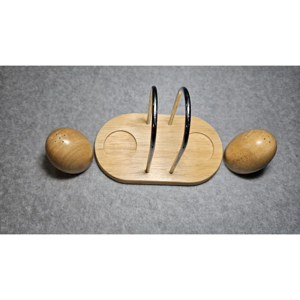 Wood Salt & Pepper Shaker Set w/ Napkin Holder Chrome Table Caddy